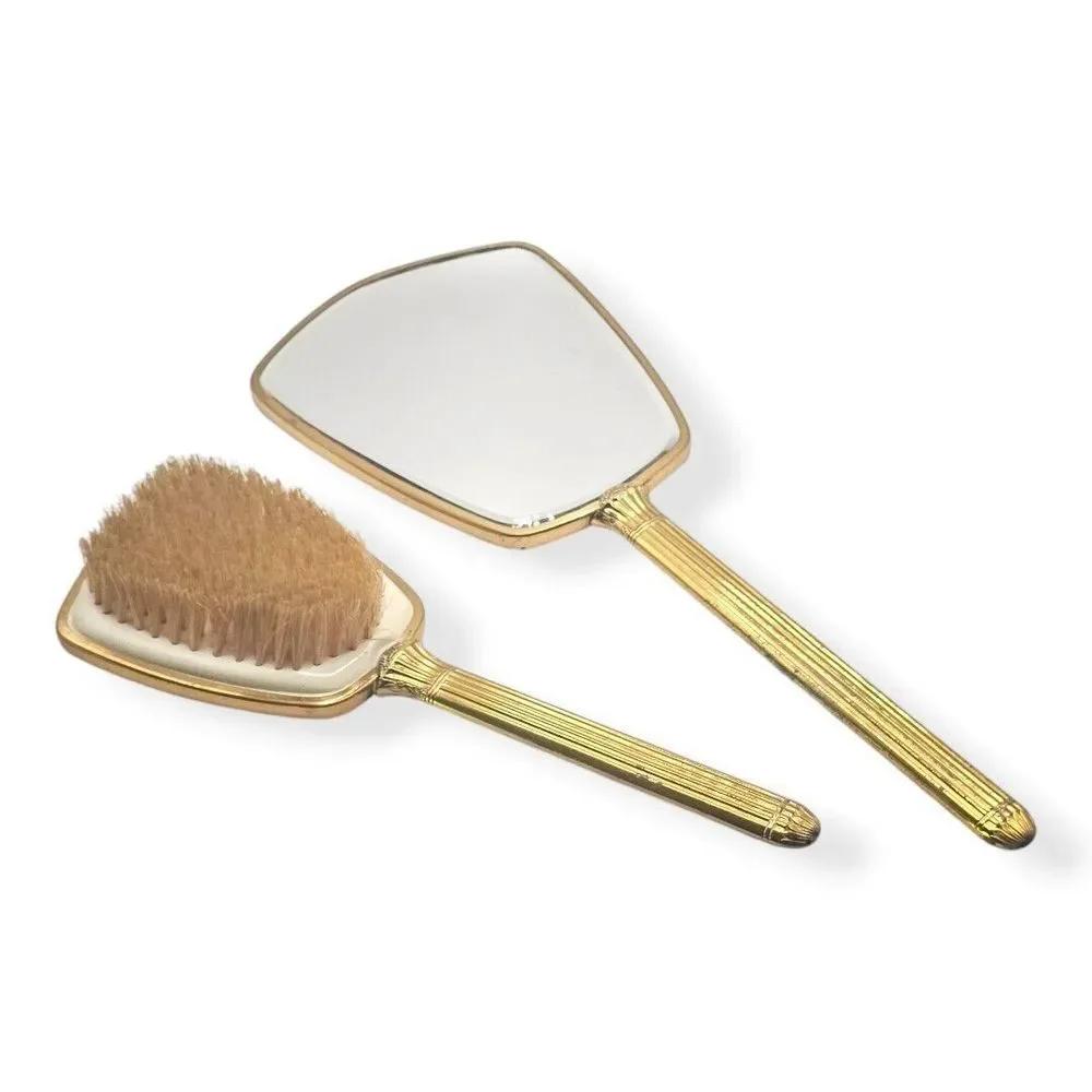 Vtg Vanity Set‎ Hand Mirror And Brush Floral Gold